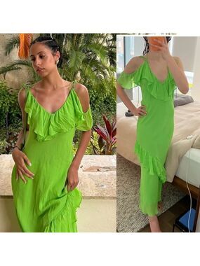 Zara neon fluorescent green ruffle frill off shoulder asymmetrical midi dress M